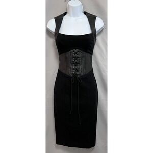 Bebe Women's  Leathered Dress Size 2 Knee Length Square Neck Sleeveless Black‎